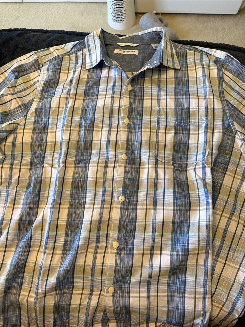 Tommy Bahama Blue, Cream and Tan Plaid Button-Down Shirt